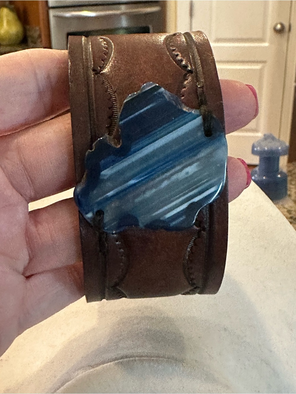 Handmade Leather Cuff Bracelet Blue Agate Michigan Lower Peninsula Mitten State